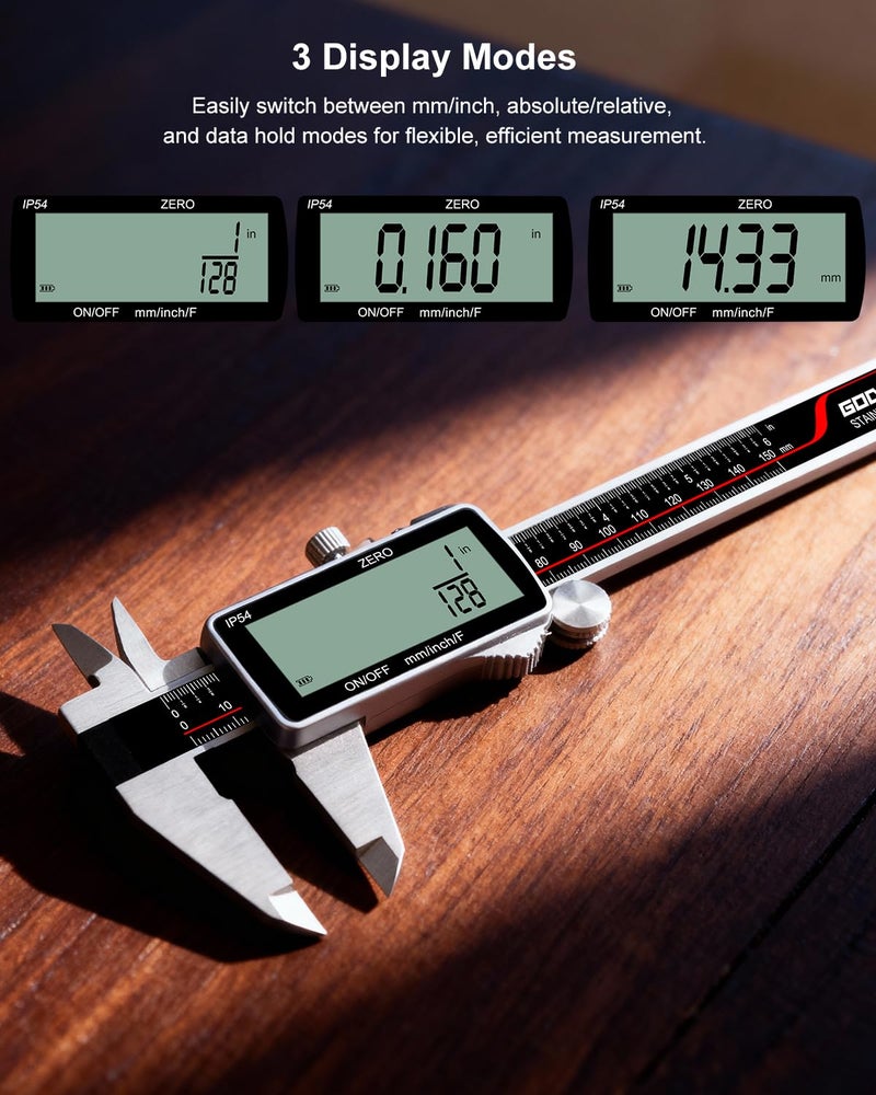 GODESON Digital Caliper, Rechargeable Digital Micrometer-IP54 Waterproof, Stainless Steel & Large LCD Screen Caliper Measuring Tool-Inch/Metric/Fraction,6" Calipers-Auto Off for Pros & DIYers - Image 5